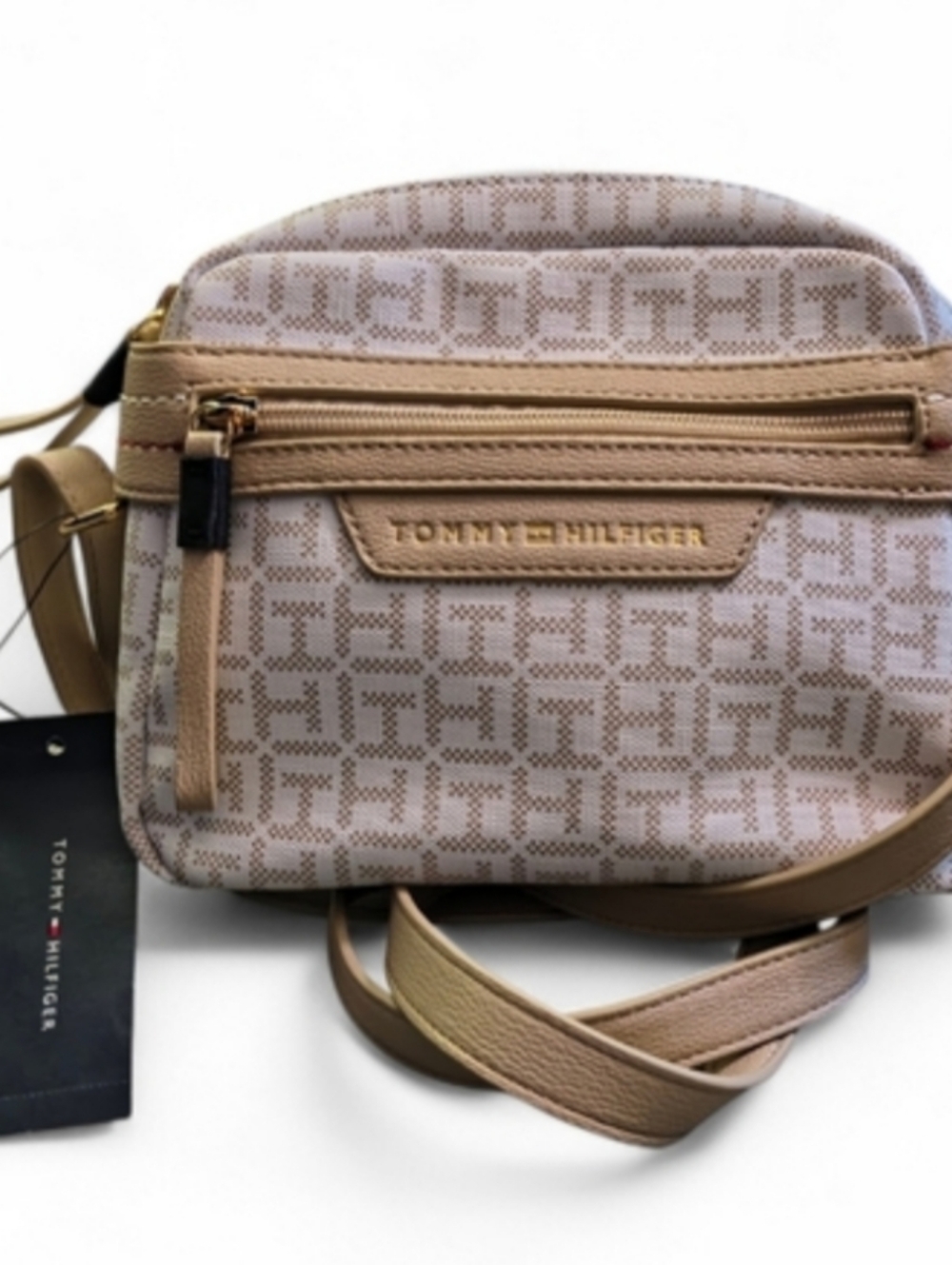 NWT Tommy Hilfiger White Monogram Crossbody Bag Beige Logo Small Purse